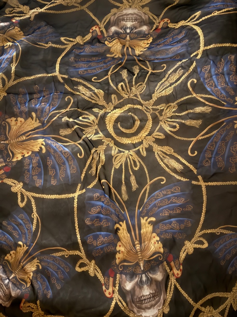 Rare and beautiful McQueen Black Scarf with Gold and Blue Baroque Motif